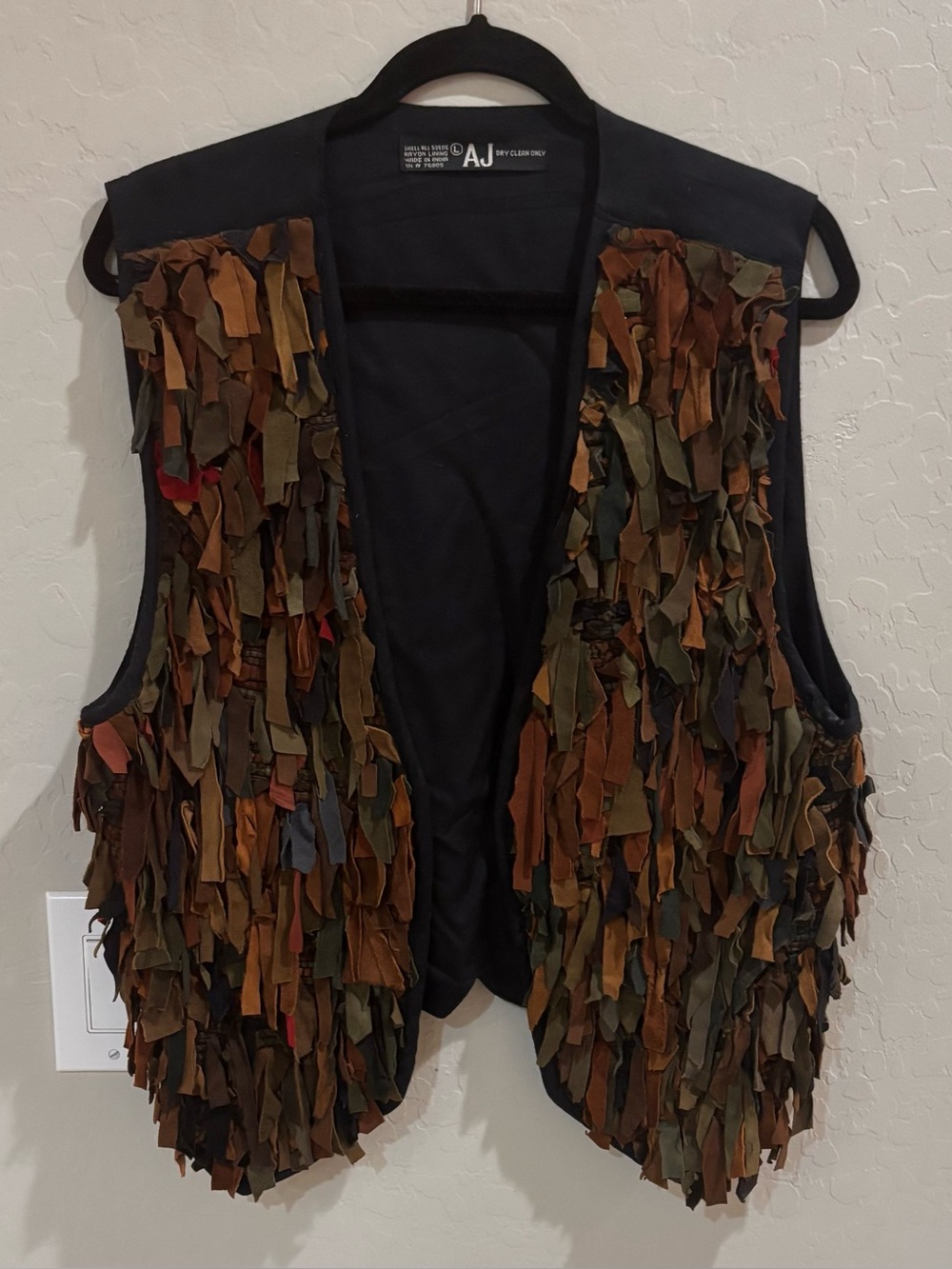 Vintage A.J. Shaggy Leather Vest Women's Size L Waistcoat Multi-color Brown Boho